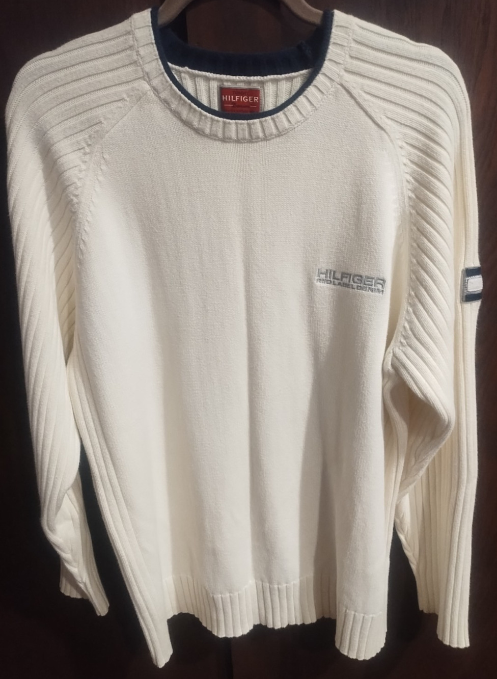 Tommy Hilfiger Denim Sweater Mens Large L Ribbed chunky 90s Y2K Crewneck logo